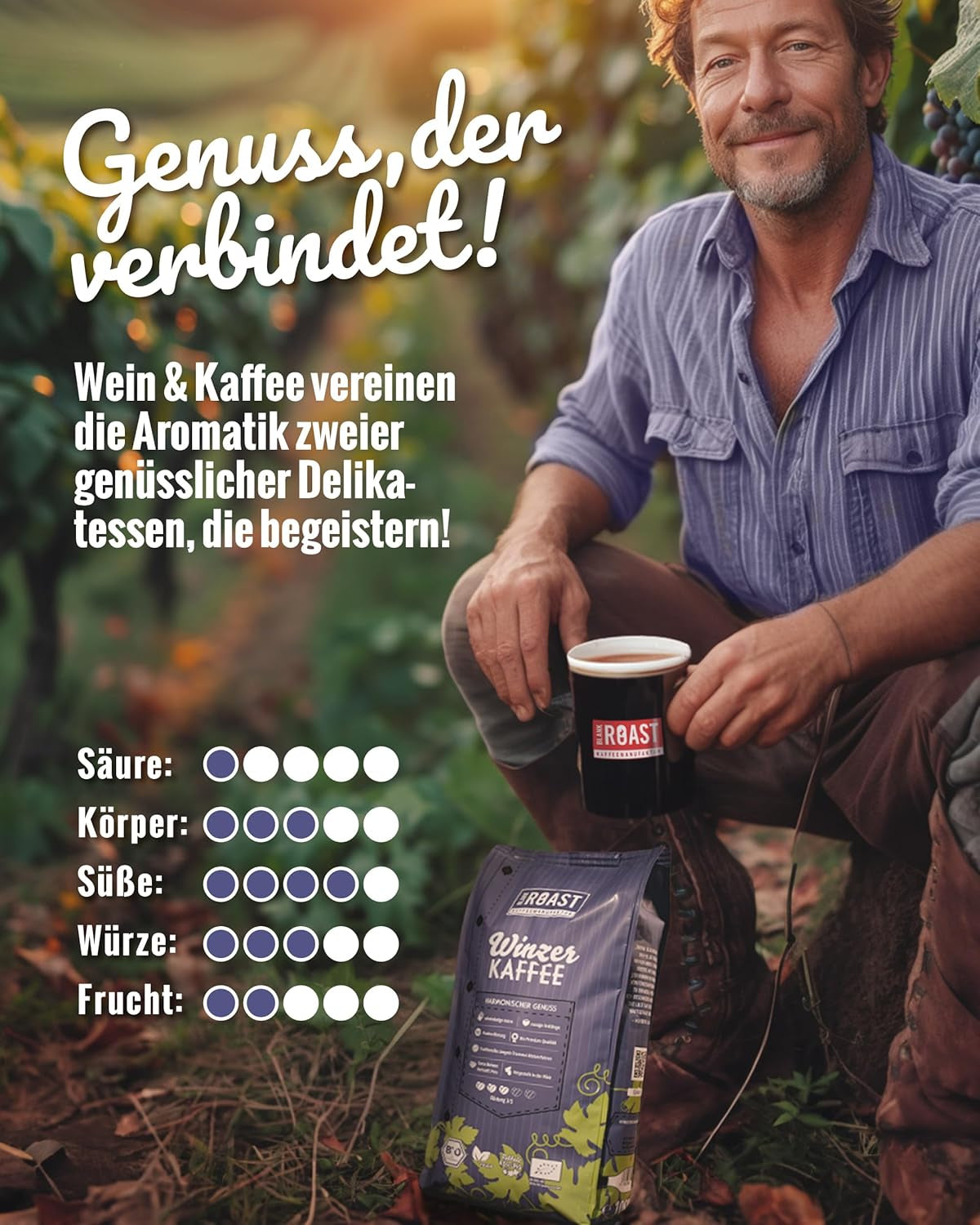 Blank Roast - BIO Winzer Kaffee 1000g - schonend mit Pfälzer Rebholz geröstet - ganze Kaffee-Bohnen aus Peru - 100% Arabica Röstung - schokoladig & nutig - säurearm