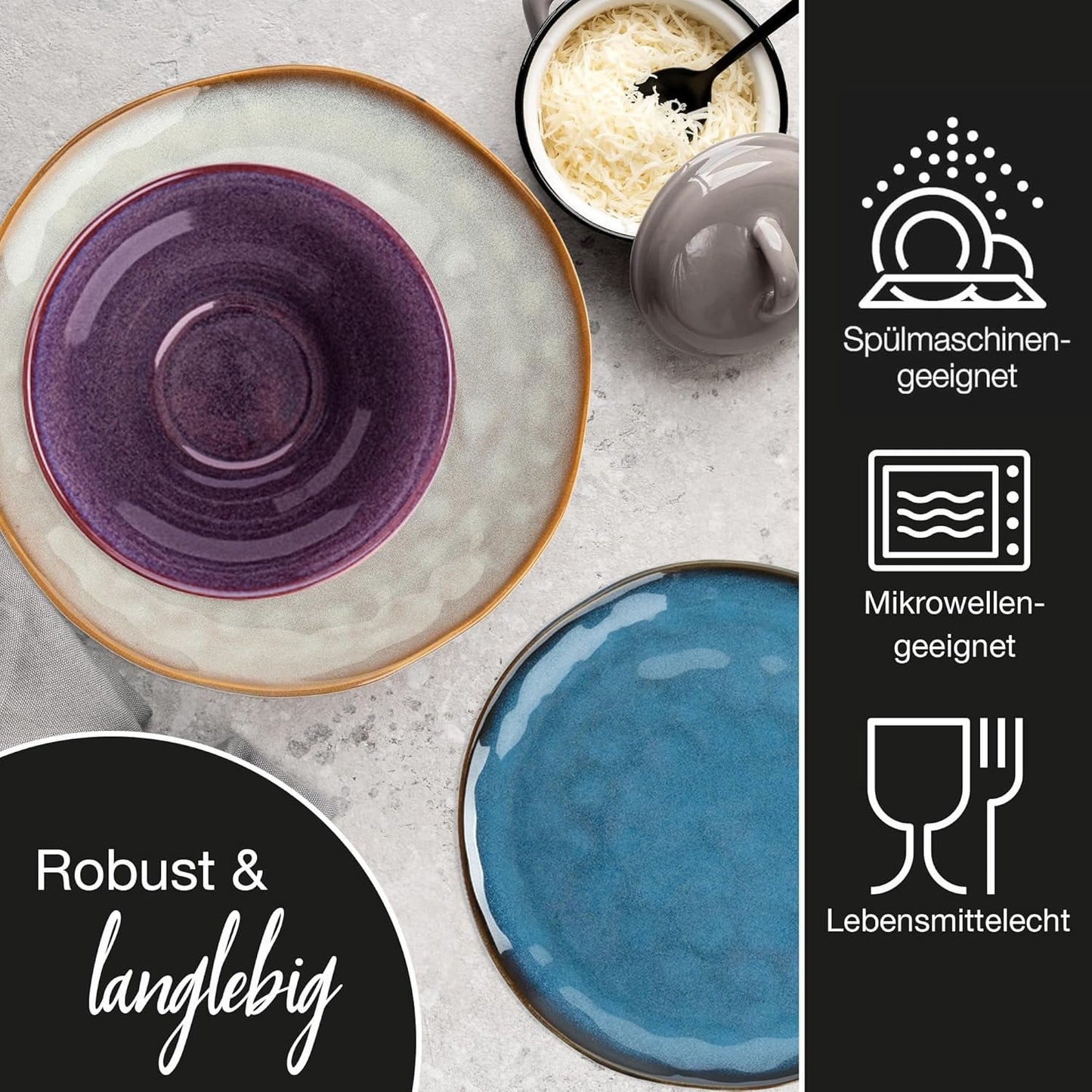 Moritz & Moritz COPA 16-tlg Geschirrset 4 Personen - Elegantes Teller Set aus hohrstandigem Steinzeug - Geschirr Set 4 Personen aus je 4x Obiadowy, Deserteller, Müslischale i Kaffeebecher