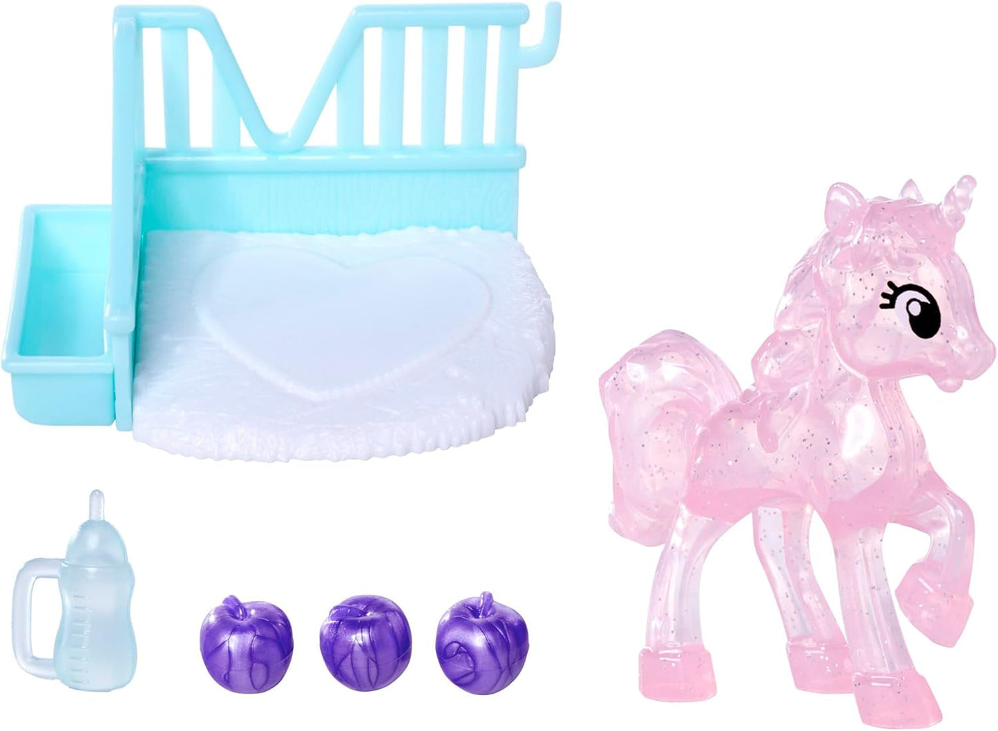 Lalka Simba Evi Love Unicorn Play, ubrana w uroczą sukienkę z jednorożcem i pasującą opaską na głowę, w tym jednorożec ze stajnią, jabłkami i butelką do picia, 12 cm, wiek 3+