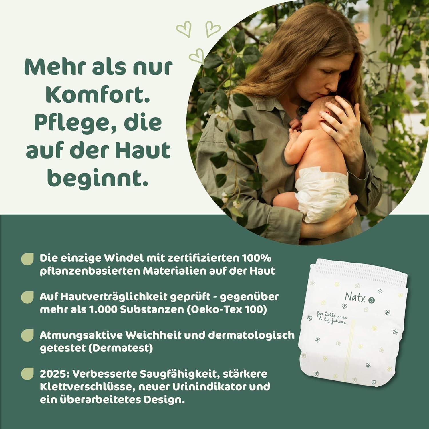 Pieluchy dla niemowląt Naty BioEmbrace, rozmiar 3 (4–9 kg) | 100% materiałów roślinnych, delikatnych dla skóry | Oddychająca miękkość, testowana dermatologicznie, doskonała wchłanialność | 100 szt.