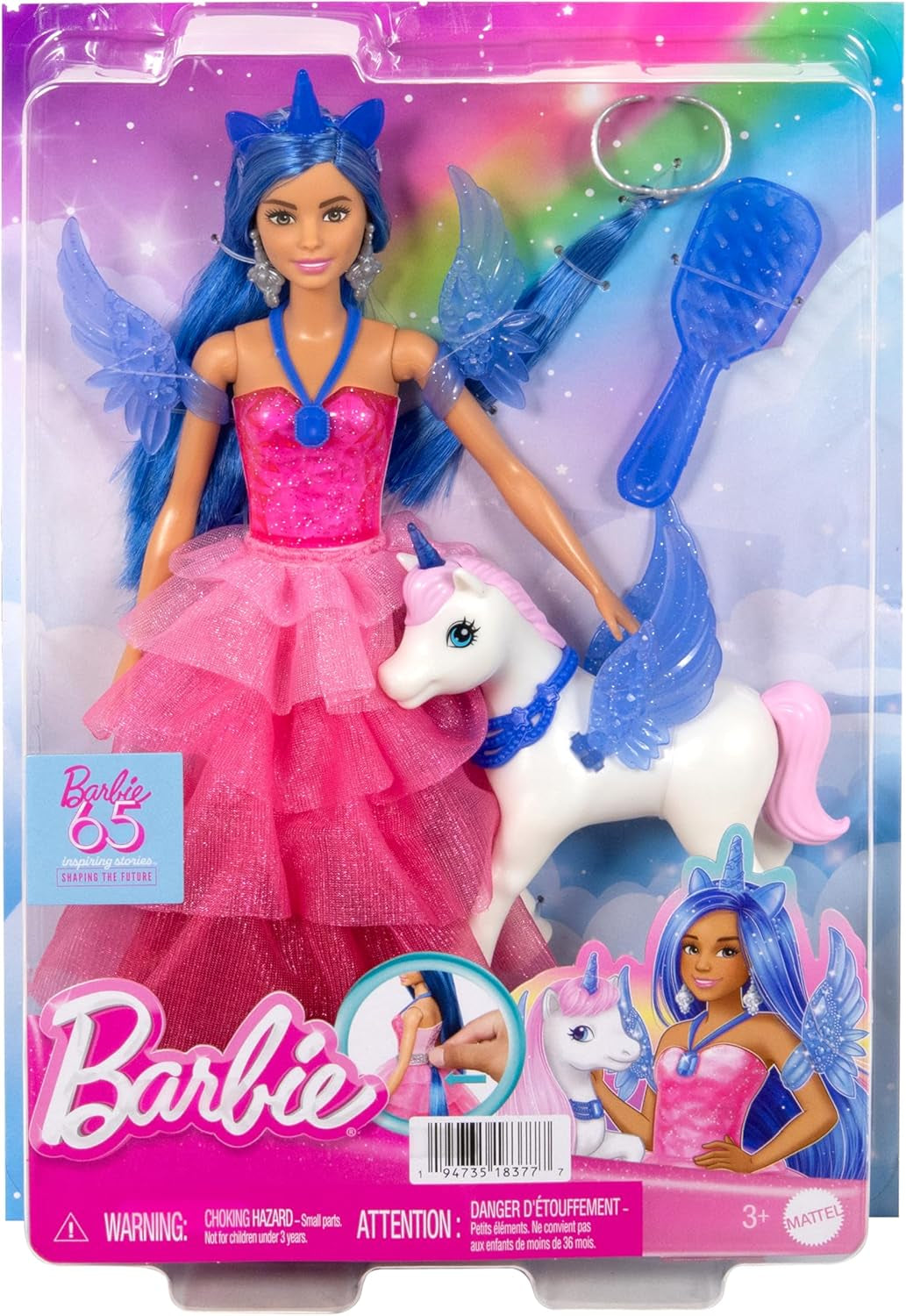 Barbie Ukryta Magia - lalka jednorożec, różowa sukienka z szafirowymi detalami, opaska jednorożca, odpinane szafirowe skrzydła i ogon, od 3 lat, HRR16