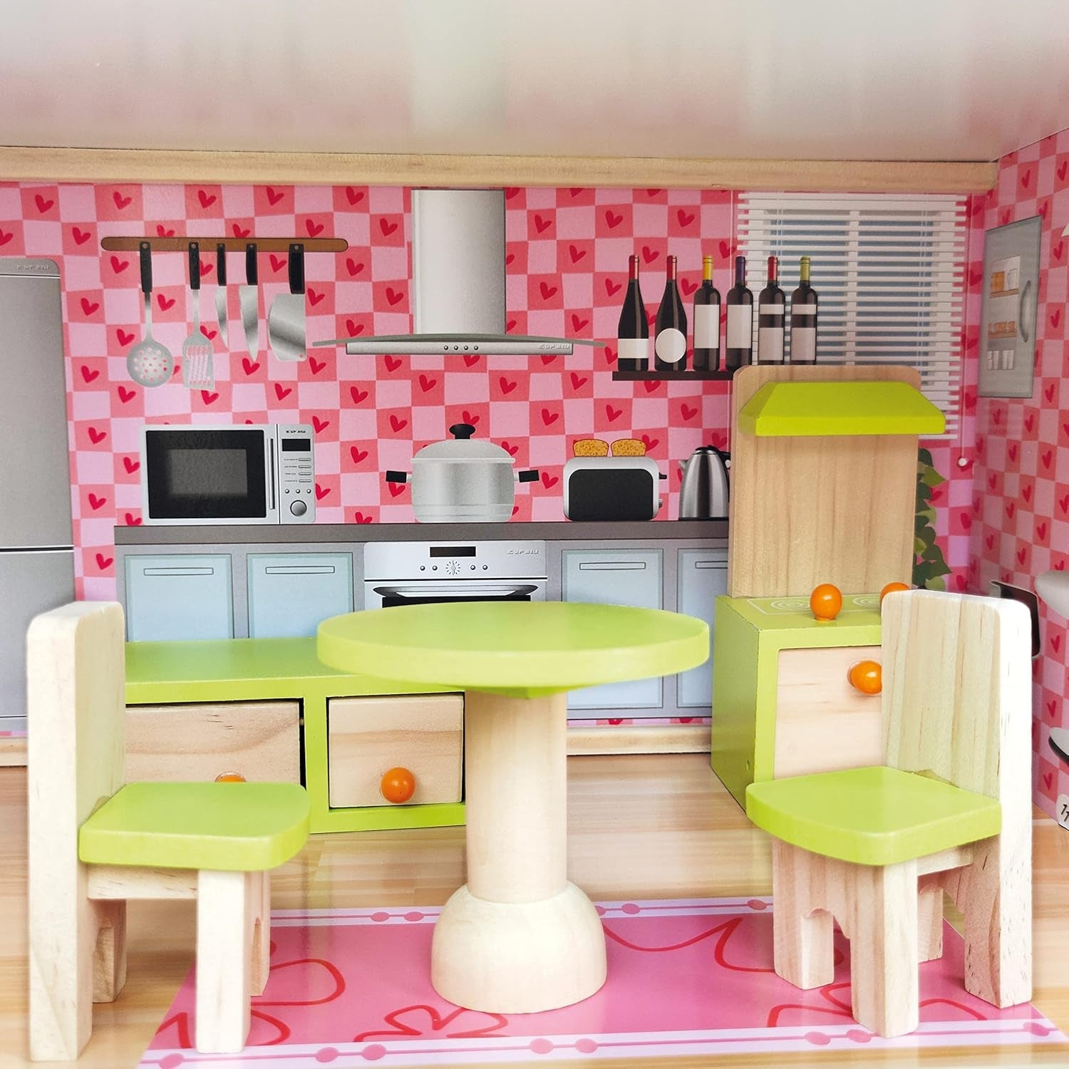 Bino World of Toys Domek dla lalek z balkonem, Zabawka dla małych dzieci od 3 lat, z 3 piętrami, schodami, 4 pokojami i balkonem w tym. 15-TLG. Akcesoria, Aby promować umiejętności dzieci, Różowe domki dla lalek Naty Shop