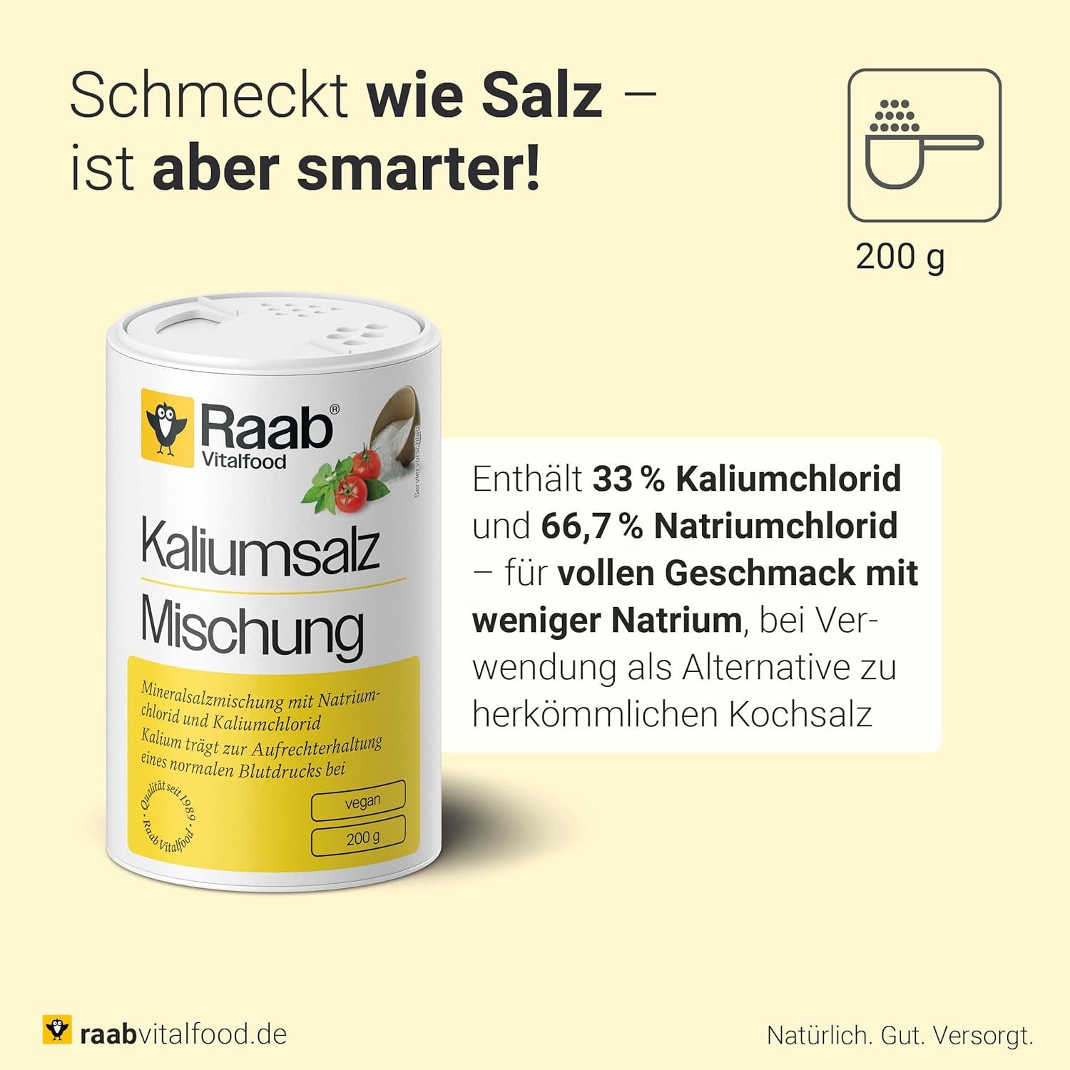Raab Vitalfood Kalium salt-Mischung, Mineralsalzmischung mit 66,7% Natriumchlorid (Kochsalz) i 33% Kaliumchlorid, Kalium trägt zur Aufrechterhaltung eines normalen Blutdruck bei (1 x 200 g dawka)
