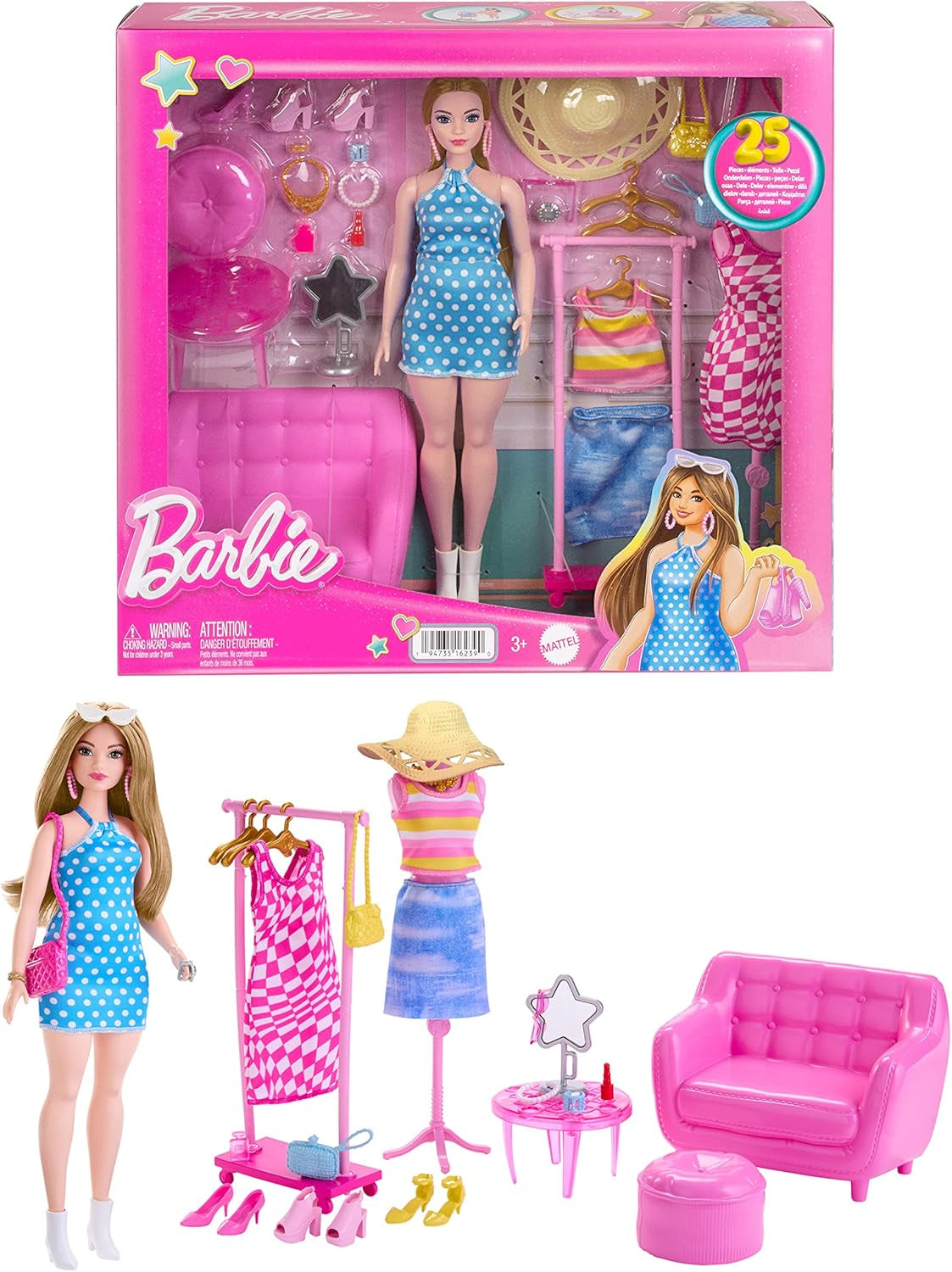 Zestaw lalek i szafek Barbie z ubraniami, akcesoriami i meblami salonowymi, trwała zabawa fryzjerska dla dzieci w wieku od 3 lat, HPL78