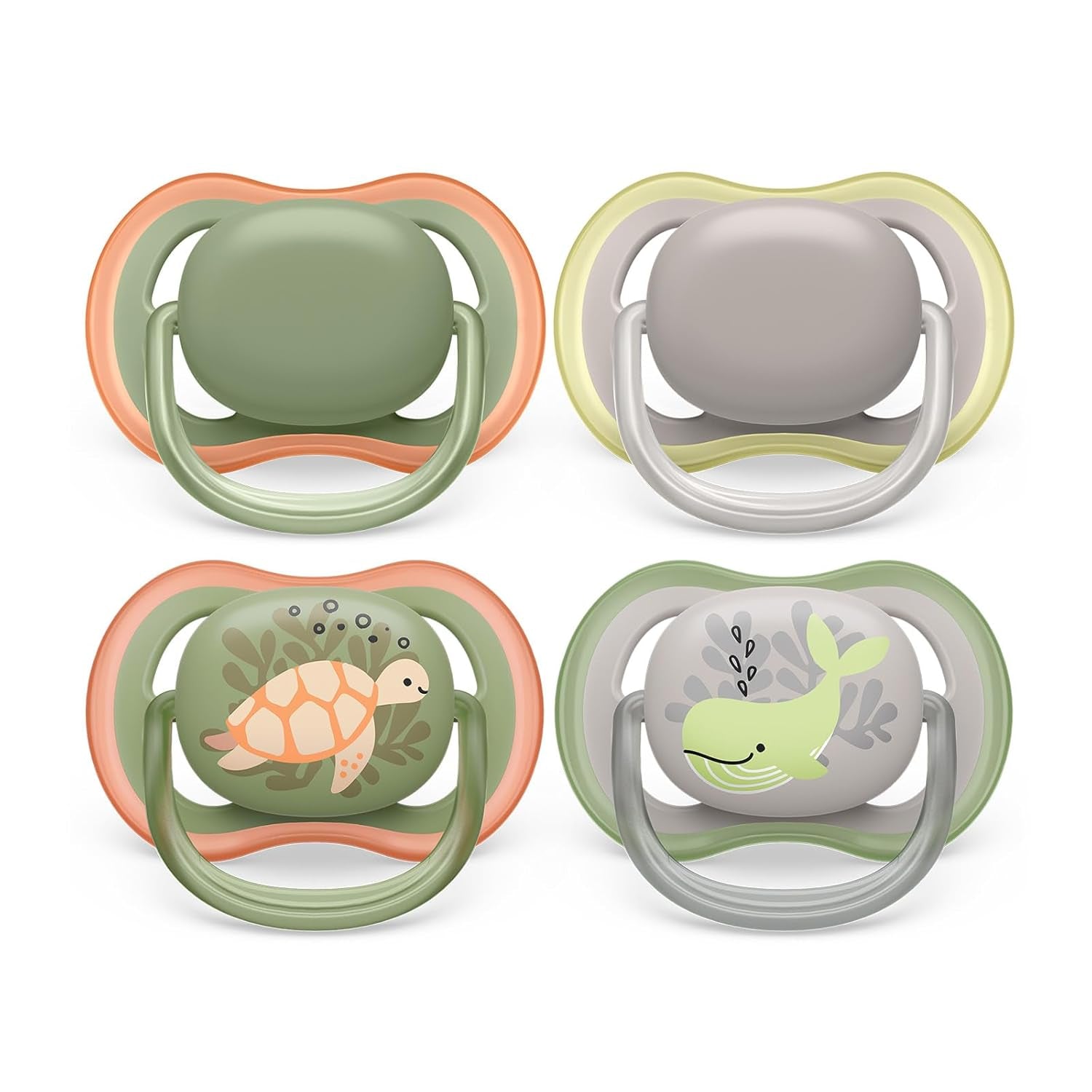 Smoczki Philips AVENT ultra air — zestaw 4 oddychających smoczków niezawierających BPA dla dzieci w wieku 6–18 miesięcy, w tym etui do przenoszenia i sterylizacja, wzór żółwia/wieloryba (model SCF085/66)