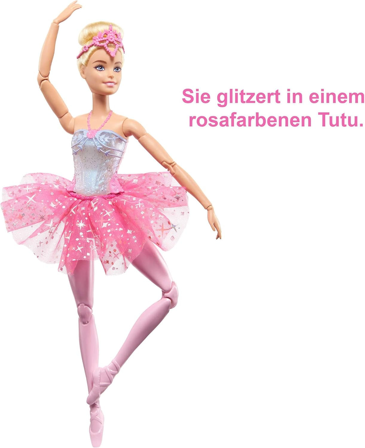 Barbie Dreamtopia Magiczna balerina ze światełkami, różową spódniczką tutu i blond włosami, 5 efektów świetlnych i dźwiękowych, Barbie z możliwością pozycjonowania, wiek 3+, HLC25
