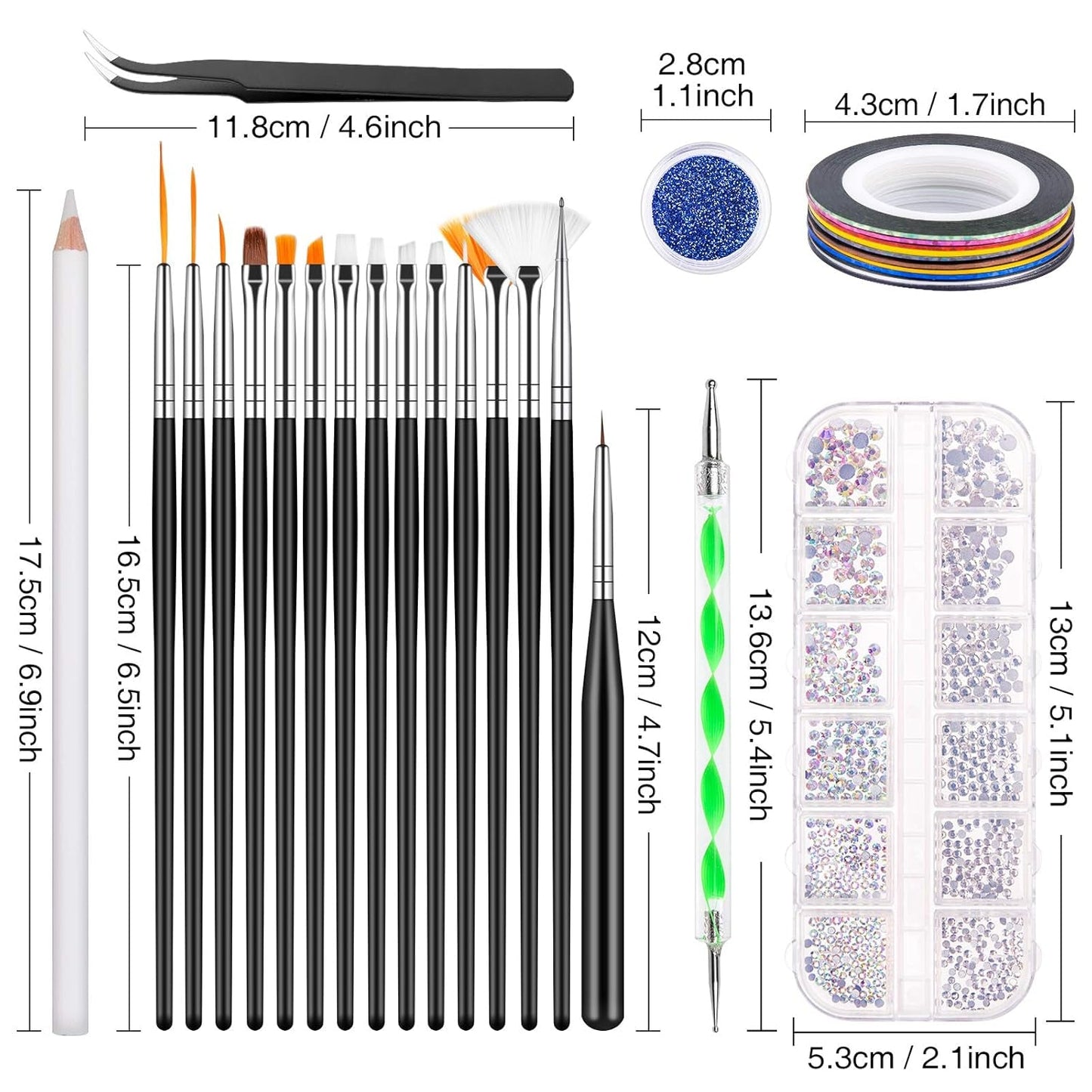 Zestaw MELLIEX 45 Stück Nail Art Dekoration Zubehör, Nägel Pinsel Strasssteine ​​​​Glitzer Goldfolie Nageldesign Dotted Pen Streifenband Für Nagelkunst Zestaw do manicure
