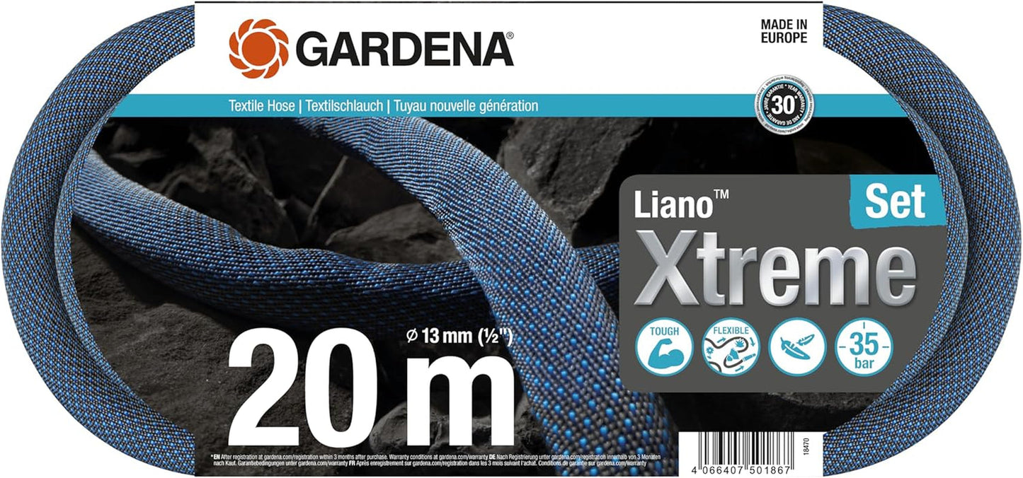 Zestaw Gardena Liano Xtreme 1/2 cala 20 m: wyjątkowo wytrzymały tekstylny wąż ogrodowy z lekkim, odpornym na warunki atmosferyczne wężem wewnętrznym z PVC (18470-20)