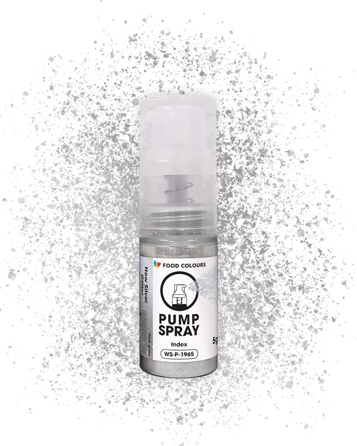 Jadalny brokatowy spray spożywczy NOWOŚĆ SILVER SHIMMERING 5G pompka z proszkiem metalicznym do szybkiego i efektownego dekorowania ciast, kremów, galaretek, pralin, dekoracji czekoladowych i cukrowych