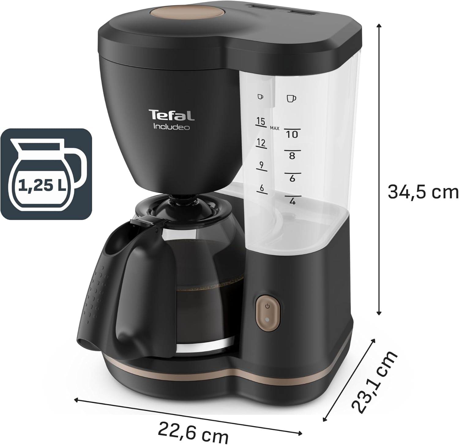 Ekspres do kawy Tefal Includeo z filtrem, Ekspres do kawy Niezwykle łatwy w obsłudze, Odpowiedni dla osób prawo- i leworęcznych, Automatyczne otwieranie pokrywy, 1,25 l, 10 do 15 filiżanek, CM533811