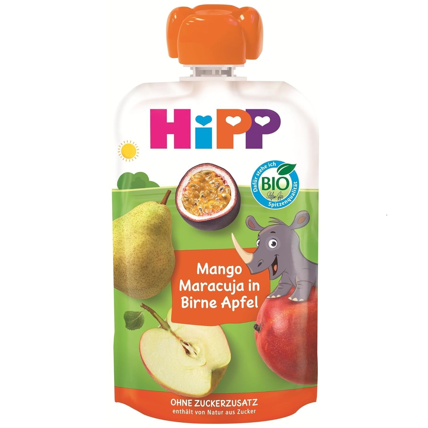 HiPP Organic Mango-Marakuja w saszetce o smaku gruszkowo-jabłkowym - Nick Rhino (8 x 100g), od 1 roku, 100% przecieru owocowego, bez dodatku cukru, wegańskie, najwyższej jakości organicznej