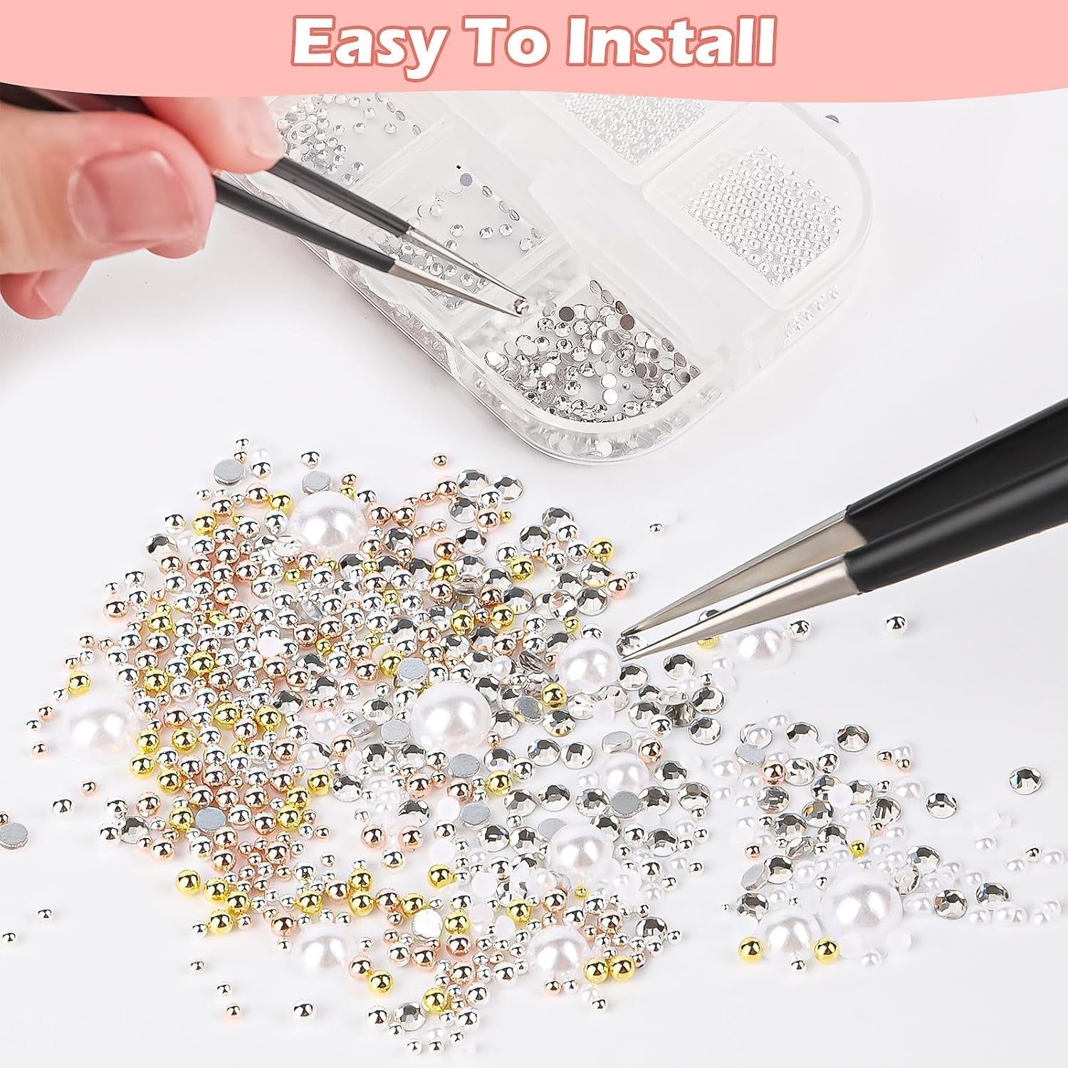2 Boxen Nail Art Strasssteine, Mit Pincety Nägel Flatback Perlen Nail Charms Mit Kristallen Nagelzubehör Diamanten Edelstahl-Perlen Für Nagelschmuck