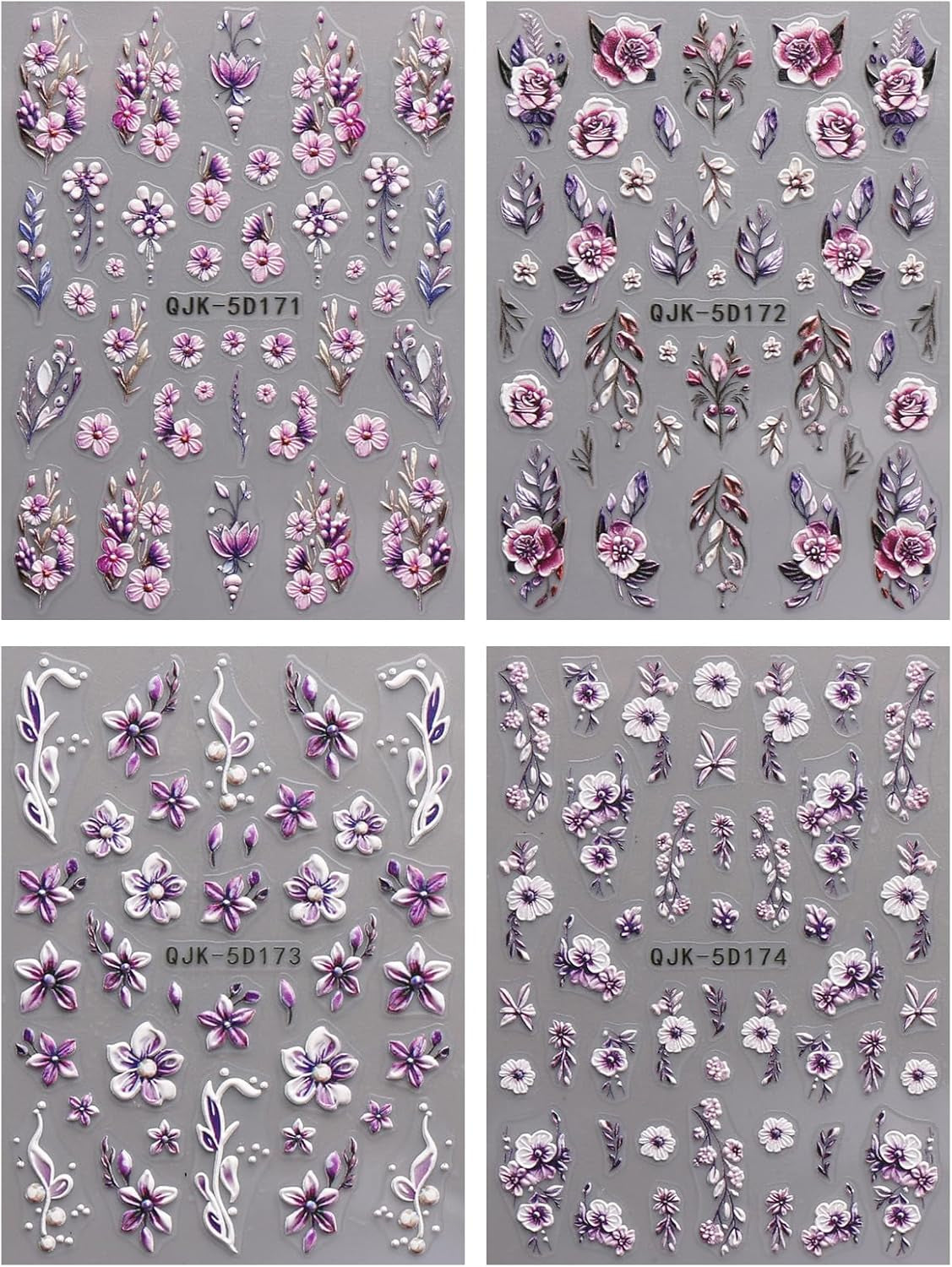 JMEOWIO 3D Nagelsticker Blumen Nail Art Naklejka Selbstklebend Nagelaufkleber 5D Stereoskopisch Frühling Sommer Dekoration Nageldesign Zubehör 4 Blatt