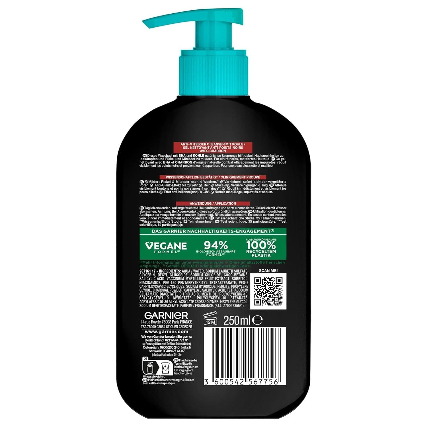 Garnier Charcoal Cleanser Żel do mycia twarzy przeciw zaskórnikom i wypryskom 250ml Pod prysznic i do kąpieli Naty Shop