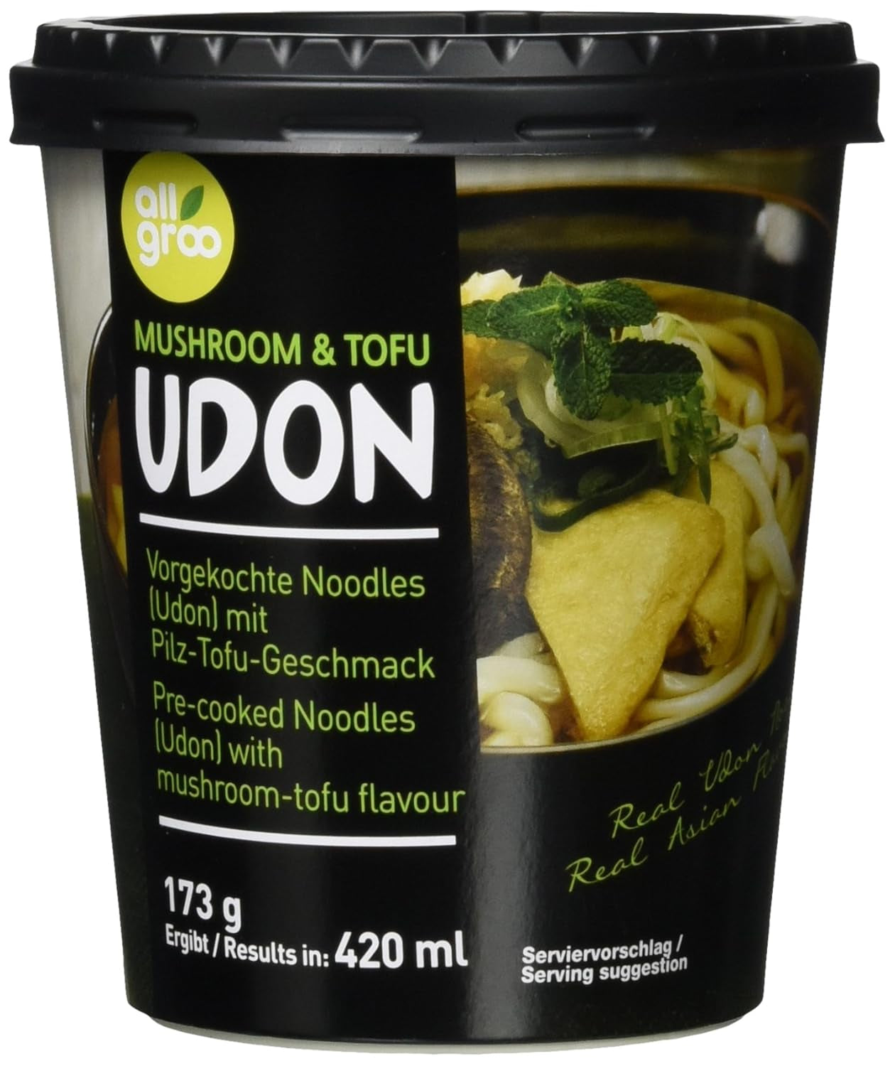 Allgroo Udon Cup Instant Noodles - Aromatyczna pikantna zupa Udon z owocami morza - Szybkie przygotowanie (1 x 173g)
