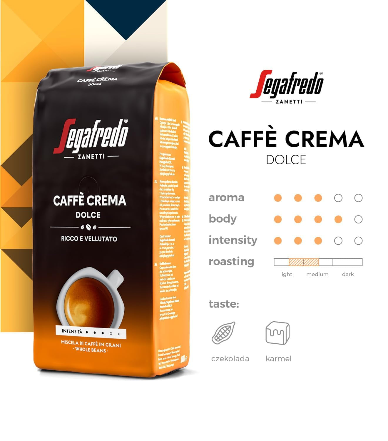 Segafredo Zanetti Caffè Crema Dolce - Całe ziarna (opakowanie 1 kg) - Pasuje do Caffè Crema - Kawa ziarnista jasno i średnio palona o łagodnym i zrównoważonym smaku (2 opakowania)