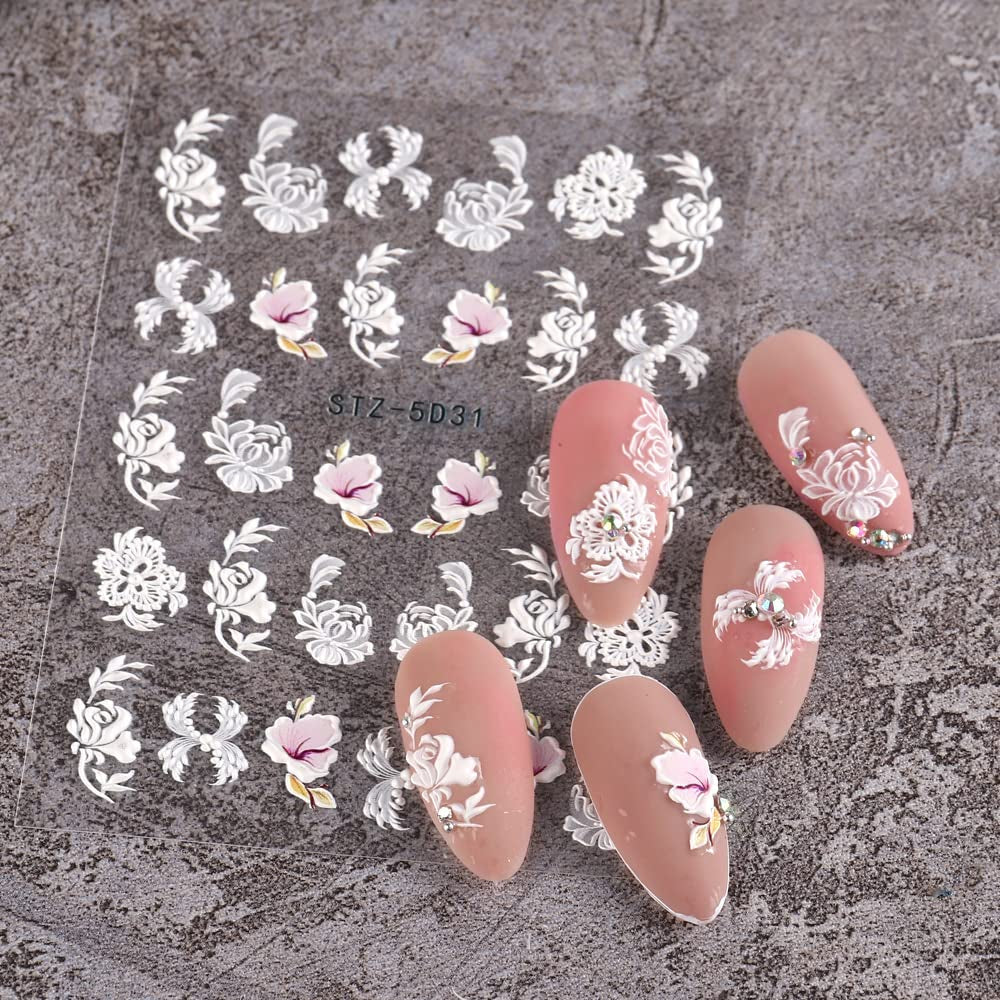 4 Blatt 3D Nagelsticker Frühling Blume Nagelaufkleber 5D Stereoskopisch Selbstklebend Nail Art Naklejka Dekoration Nageldesign Zubehör