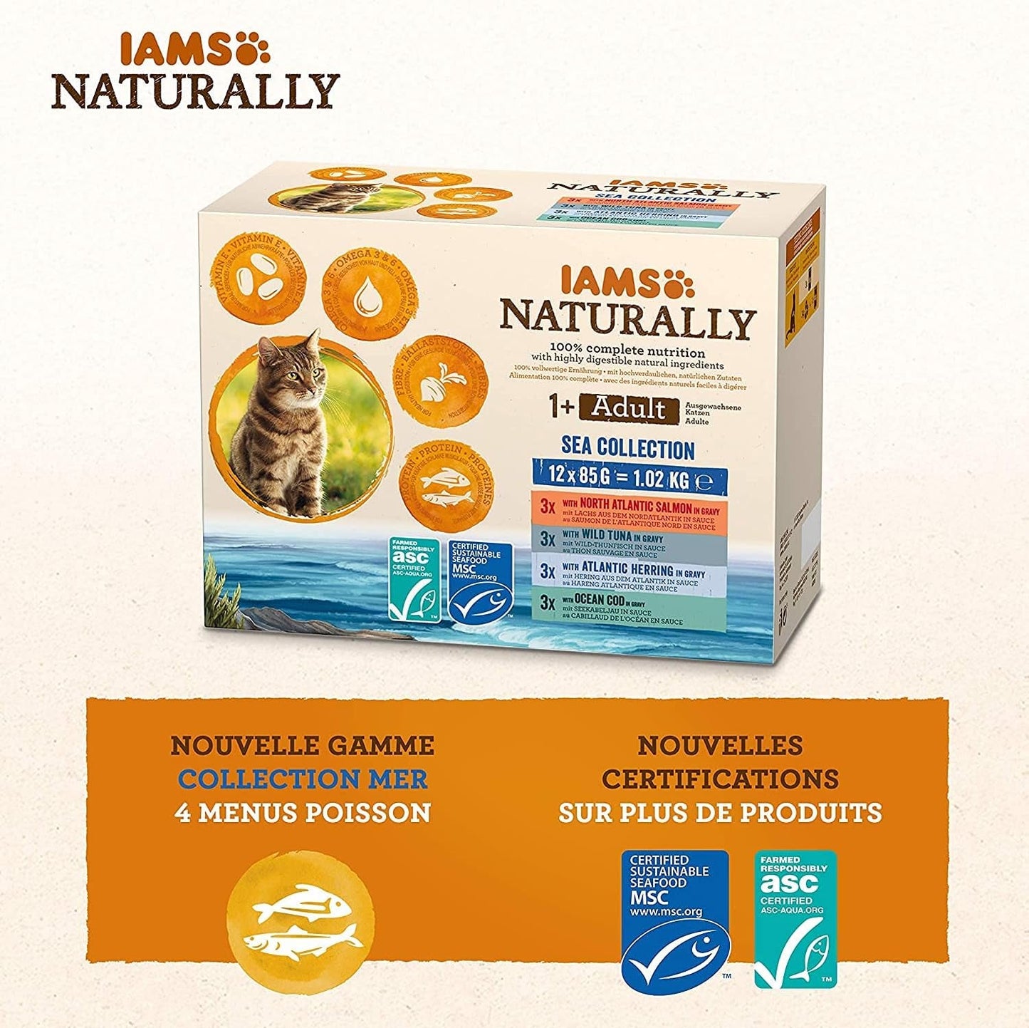 IAMS Naturalna mokra karma dla kotów w sosie - Wysokiej jakości mokra karma z rybą dla dorosłych kotów, kolekcja Sea, 12 x 85g