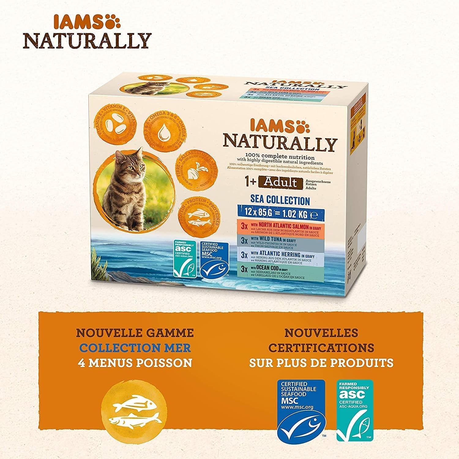IAMS Naturalna mokra karma dla kotów w sosie - Wysokiej jakości mokra karma z rybą dla dorosłych kotów, kolekcja Sea, 12 x 85g