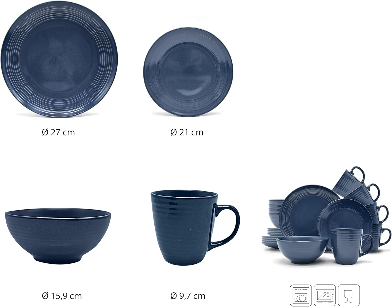 ECHTWERK „Alicia” 16-częściowy zestaw obiadowy w stylu vintage Nowoczesny design dla 4 osób Elegancki ciemnoniebieski zestaw obiadowy z kamionki z 4 talerzami 4 talerzami bocznymi 4 miskami 4 filiżankami do herbaty