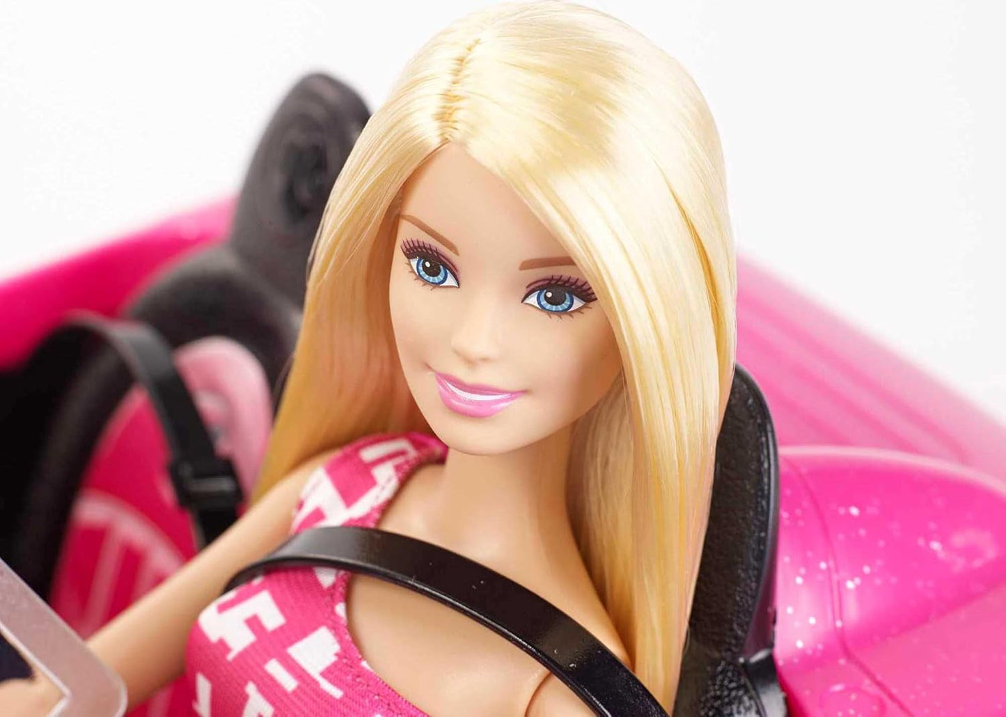 Lalka Barbie i różowy brokatowy kabriolet, realistyczne opony, logo, zabawka dla dzieci w wieku od 3 lat, DJR55