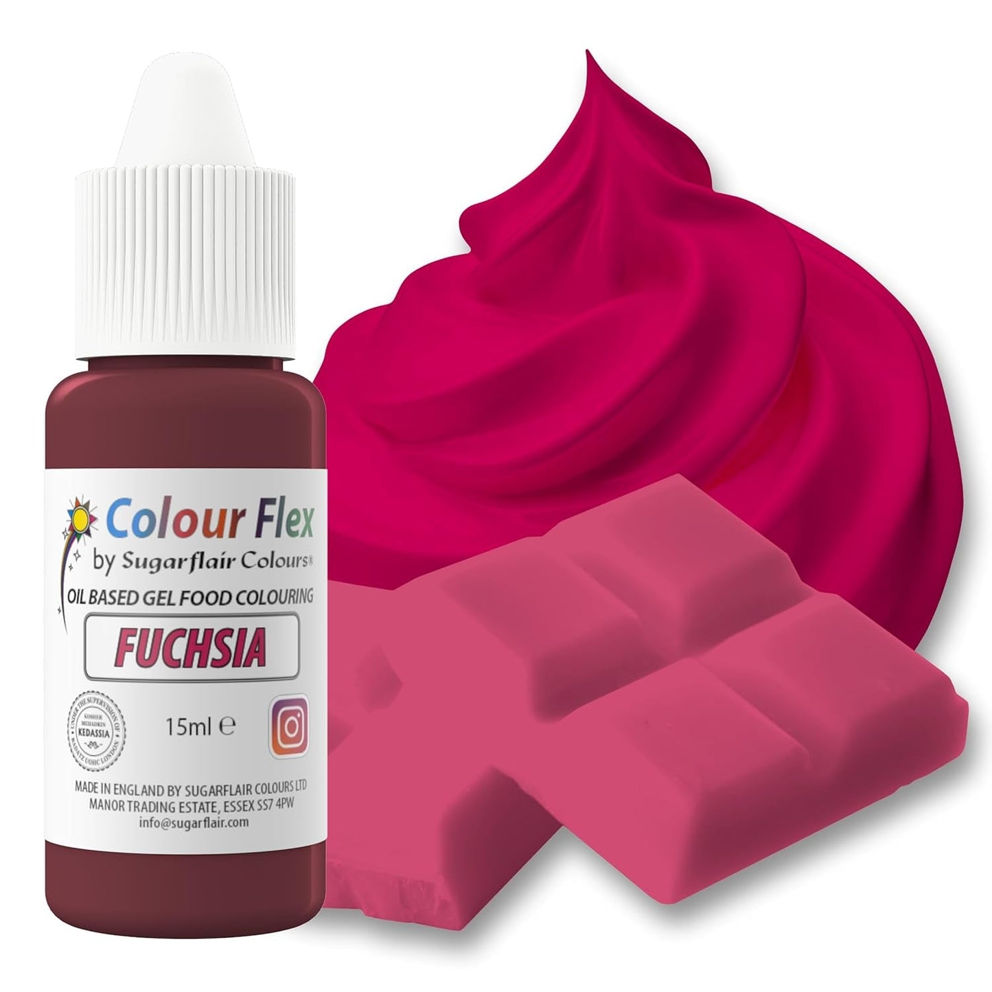 Sugarflair Colourflex Fuksja Barwnik spożywczy na bazie oleju, wysoce skoncentrowany płynny barwnik spożywczy, barwnik spożywczy do śmietany, czekolady, ciasta, kremówki, lukieru i nie tylko - 15ml