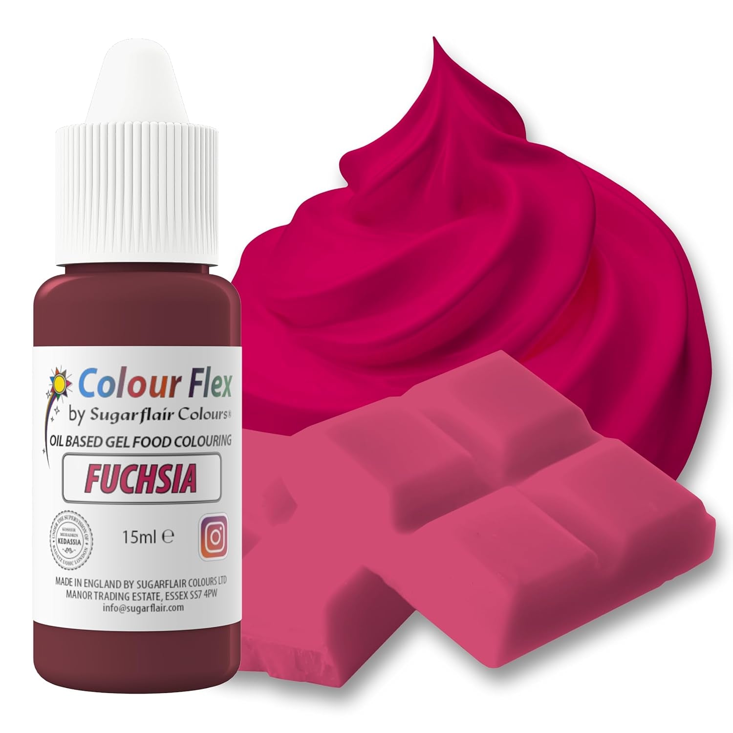 Sugarflair Colourflex Fuksja Barwnik spożywczy na bazie oleju, wysoce skoncentrowany płynny barwnik spożywczy, barwnik spożywczy do śmietany, czekolady, ciasta, kremówki, lukieru i nie tylko - 15ml