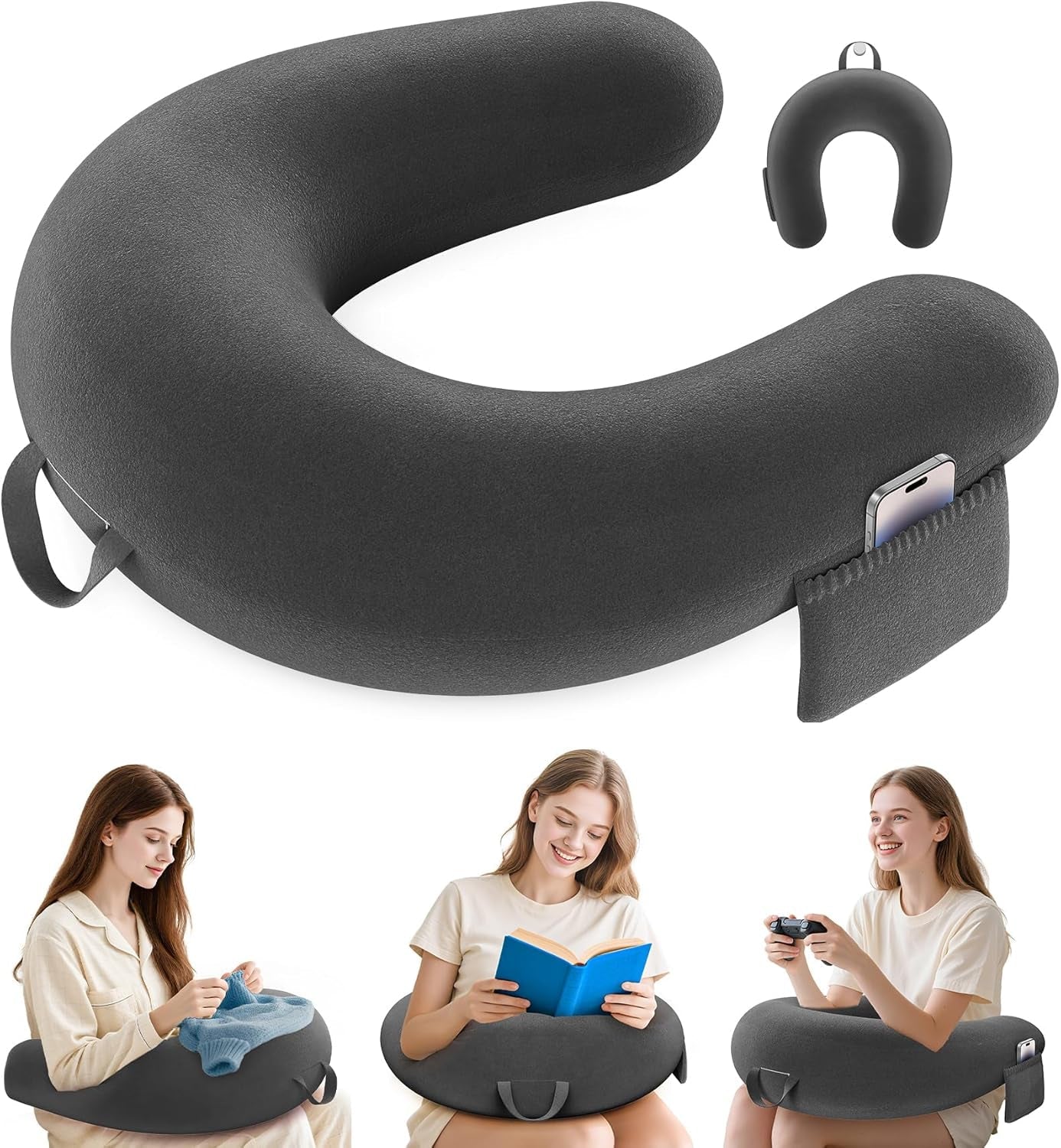 Poduszka do gier i czytania, poduszka do czytania na łóżko/kanapę/podłogę, poduszka do karmienia/szydełkowania z dużą ergonomiczną poduszką do gier, poduszka dla graczy na iPada/laptopa - czarna