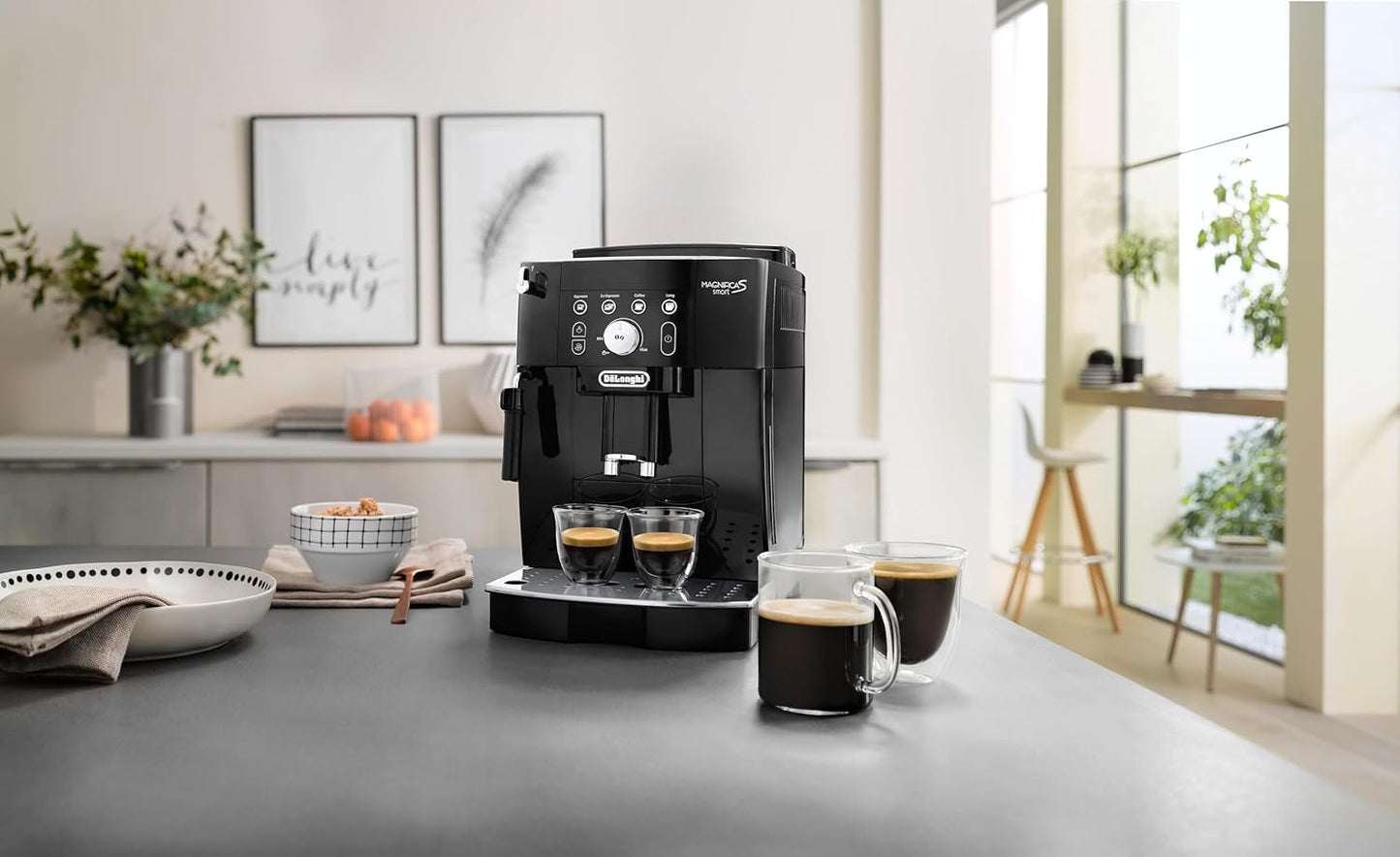 De'Longhi Magnifica S Smart ECAM 230.13.B W pełni automatyczny ekspres do kawy ze spieniaczem mleka do cappuccino, espresso, kawy i dużej kawy, przyciski bezpośredniego wyboru i pokrętło, funkcja 2 filiżanek, czarny