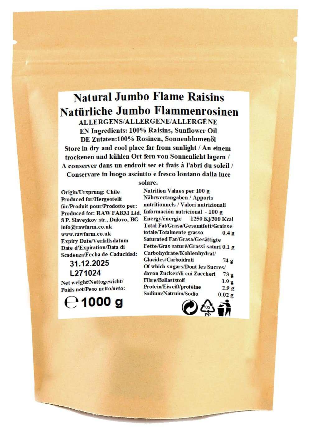 1 kg surowych sułtanek Jumbo Flame, całe owoce, bez glutenu, bez soi, bez dodatku cukru, bez konserwantów, bez słodzików, z olejem słonecznikowym Produkty suszone Naty Shop