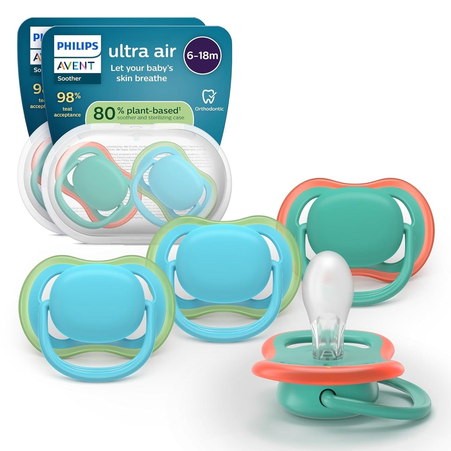 Smoczki Philips AVENT ultra air — zestaw 4 oddychających smoczków niezawierających BPA dla dzieci w wieku 6–18 miesięcy, w tym etui do przenoszenia i sterylizacja, wzór żółwia/wieloryba (model SCF085/66)