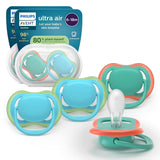 Smoczki Philips AVENT ultra air — zestaw 4 oddychających smoczków niezawierających BPA dla dzieci w wieku 6–18 miesięcy, w tym etui do przenoszenia i sterylizacja, wzór żółwia/wieloryba (model SCF085/66)