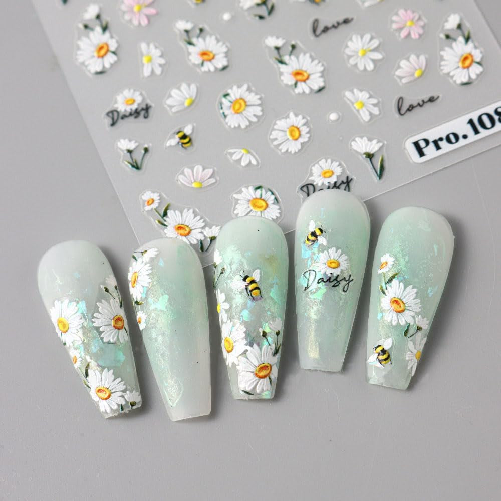 5 sztuk Geprägte Gänseblümchen Nagelsticker Selbstklebend Blumen Nagelaufkleber Gänseblümchen Schmetterling Nagel naklejka Nageldesign Aufkleber Nägel Zubehör Blume naklejka do paznokci kwiat naklejki do paznokci
