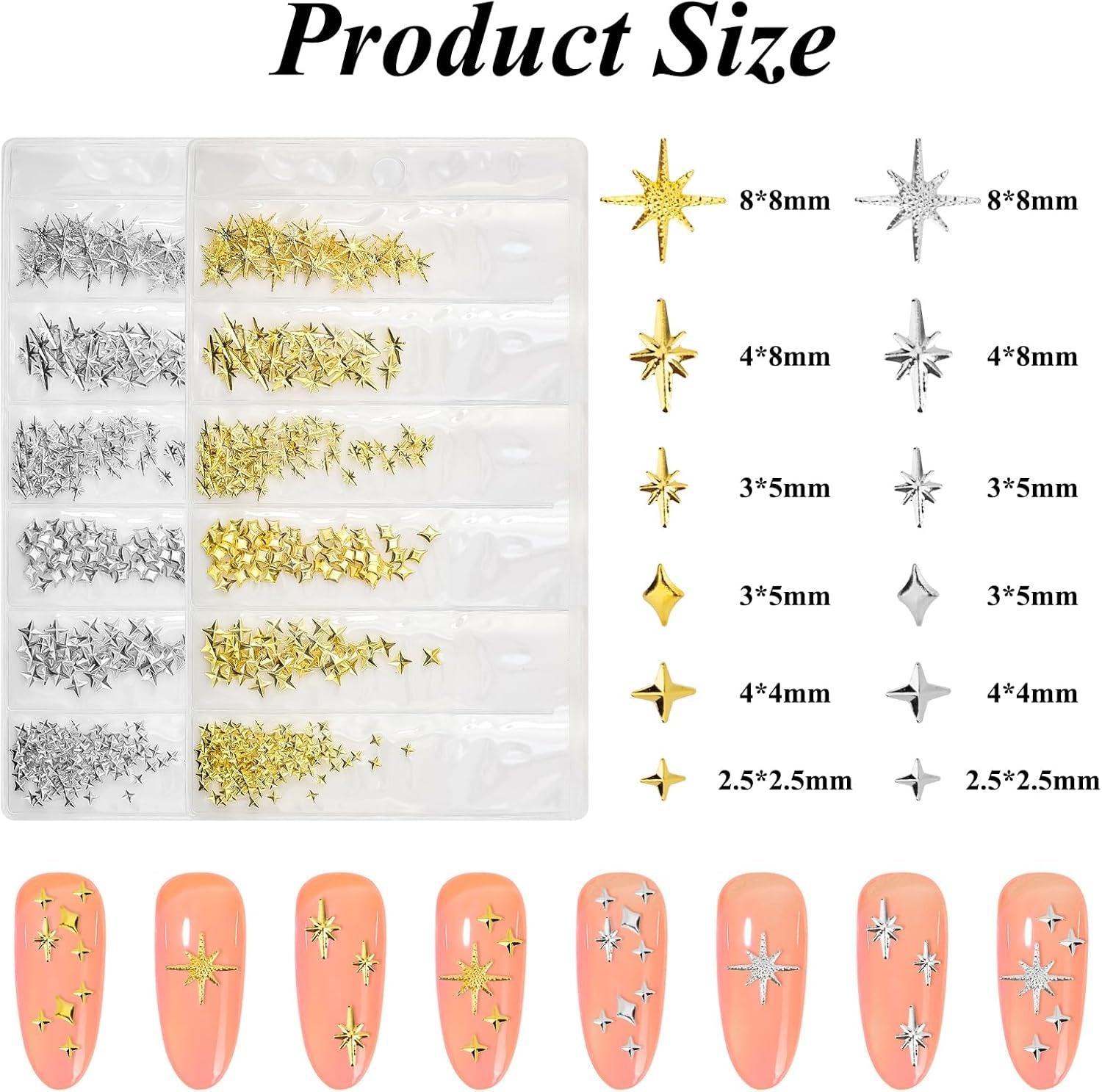 400 Stück Gold Silber Stern Nail Charms Nägel, 3D Metall Star Nagelkunst Dekorations, Star Nail Design Gemischt Größe Form Nägel Zubehör