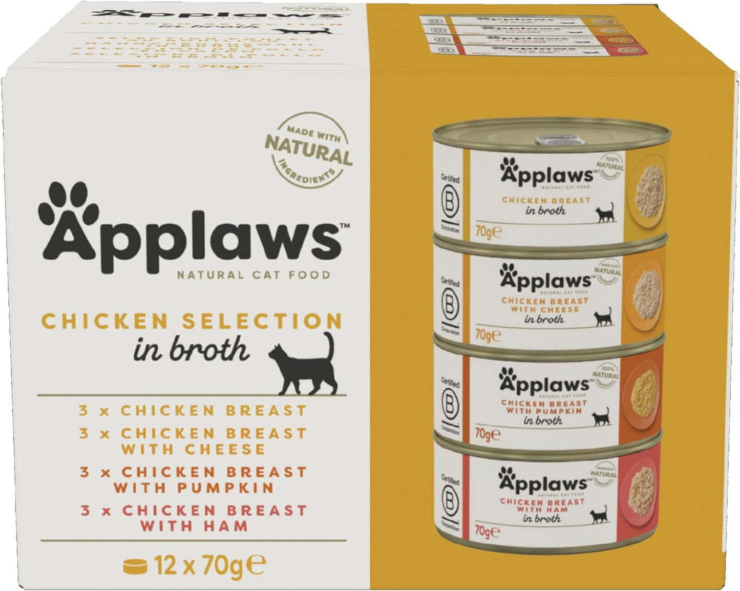 Applaws 100% naturalna mokra karma premium premium dla kotów, bulion z kurczaka dla dorosłych kotów – opakowanie 4 pudełka (12 x 70 g)