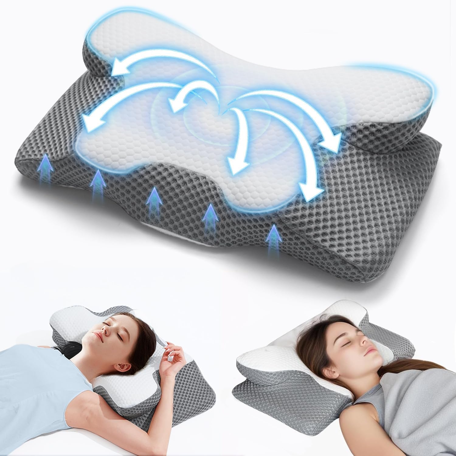 Poduszka pod kark 2 w 1, poduszka z pianki memory, ergonomiczna poduszka ortopedyczna, 2 wysokości spania, poduszka podtrzymująca szyję na bok/plecy/brzuch Poduszki ortopedyczne szyjki macicy Naty Shop szary