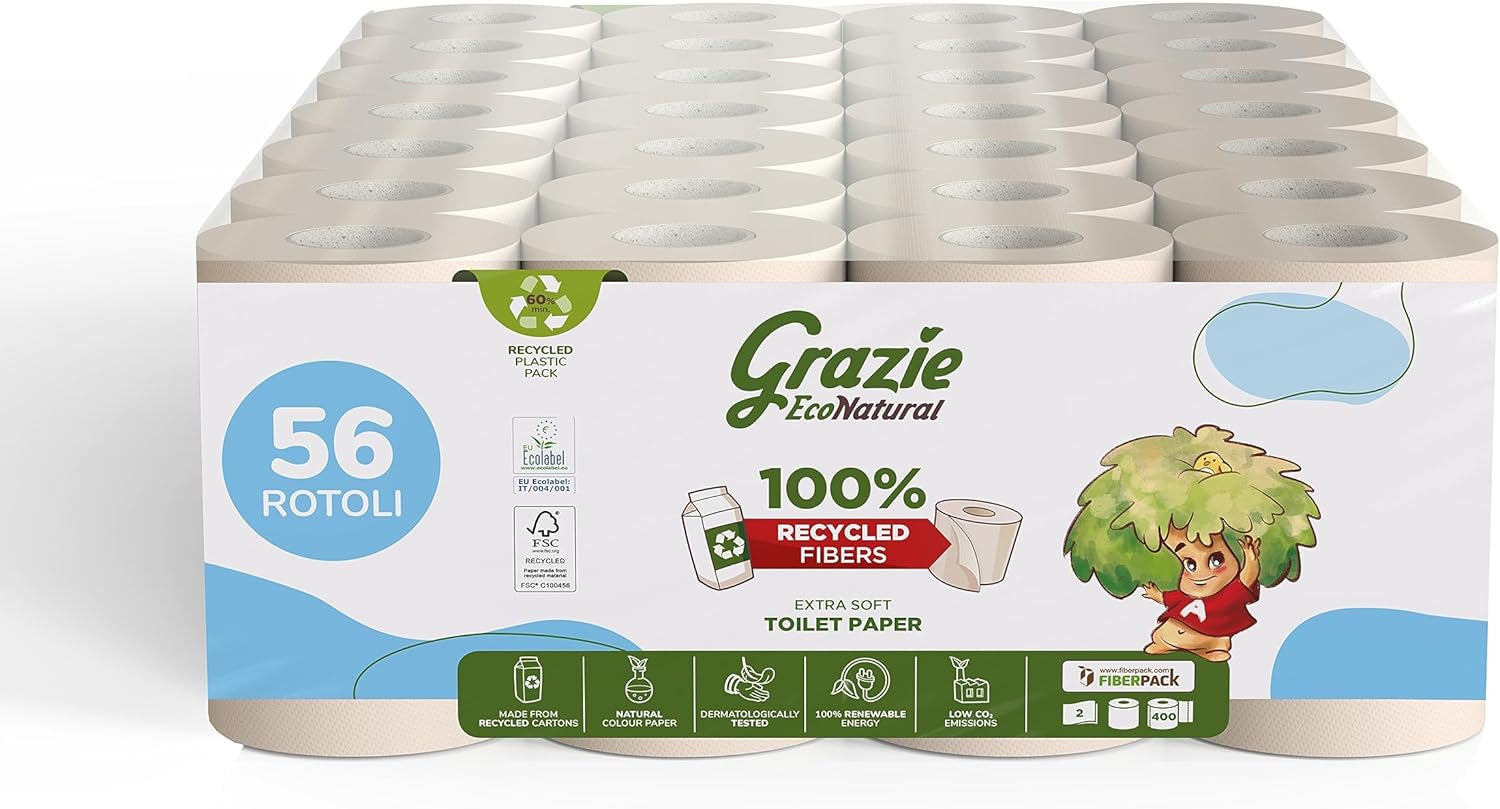 Grazie Naturalny papier toaletowy, Econatural, 56 rolek, Fibrepack Papier toaletowy z recyklingu, 100% ekologiczny, ekologiczny, z certyfikatem Ecolabel i FSC z recyklingu, wyprodukowany we Włoszech