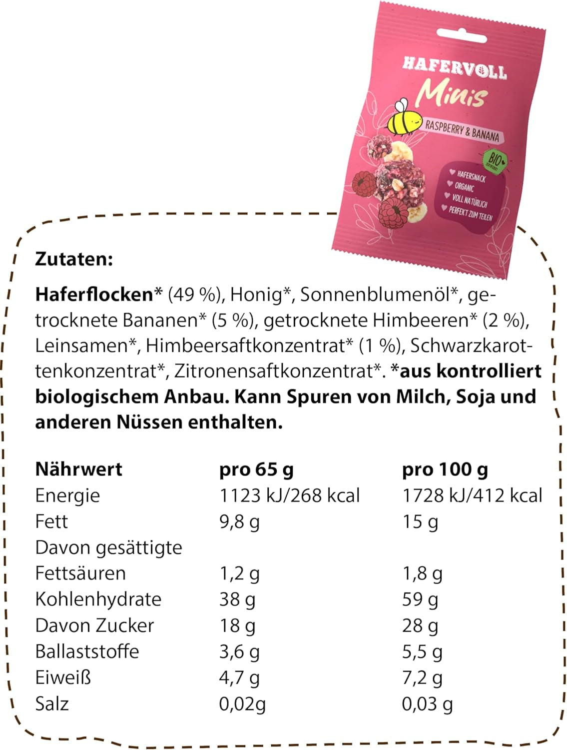 HAFERVOLL Minis Rzepak i Banan 8x 65g - Certyfikowane organiczne, z miodem, bez dodatku cukru, idealne do dzielenia się