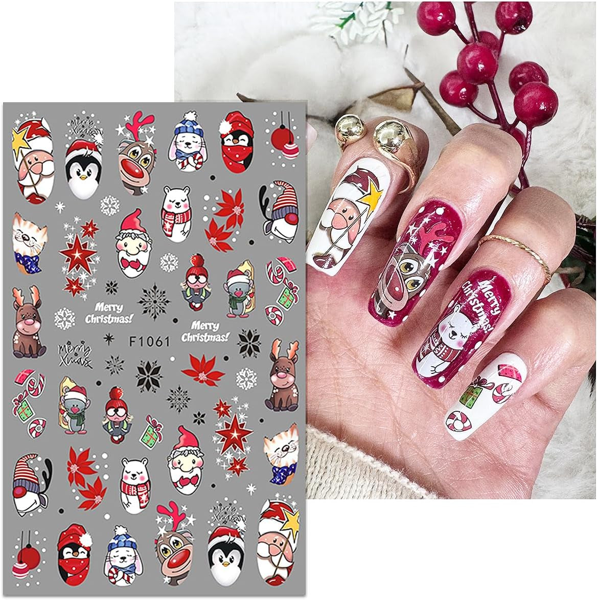 JMEOWIO Nagelsticker Weihnachten 10 Blatt Nail Art Naklejka Selbstklebend Nagelaufkleber Schneeflocke Winter Urlaub Süß Dekoration Nageldesign Zubehör