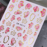 Złota Linie Schieber Rosa Nagelsticker Blumen 3D Kwiatowa naklejka na paznokcie Sakura Blütenblätter Blumen Nagelaufkleber Frühling Sommer Floral Nagel Naklejka Kwiaty Nagel Naklejki Nageldesign Zubehör Nail Art