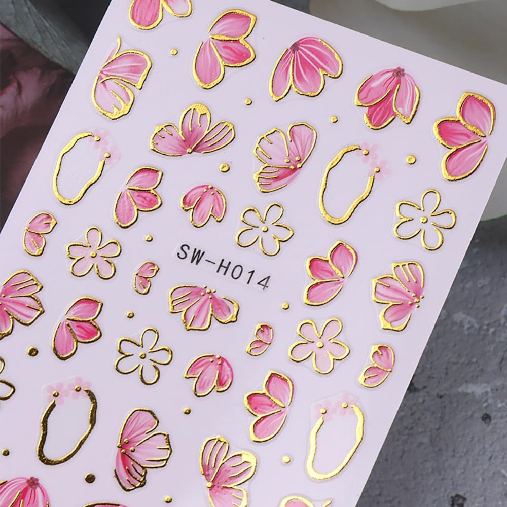 Złota Linie Schieber Rosa Nagelsticker Blumen 3D Kwiatowa naklejka na paznokcie Sakura Blütenblätter Blumen Nagelaufkleber Frühling Sommer Floral Nagel Naklejka Kwiaty Nagel Naklejki Nageldesign Zubehör Nail Art