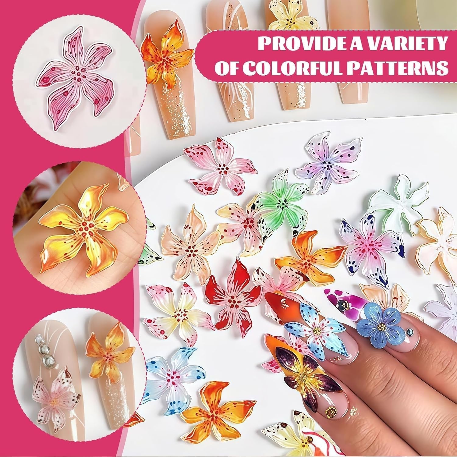 Zestaw 50 Stück 3D Blume Nail Charms, Bunte Nageldesign Zubehör, Nägel Charms i Nagel Art Charms, Perfekt Für Nailart, Maniküre Dekoration i DIY Nageldesign