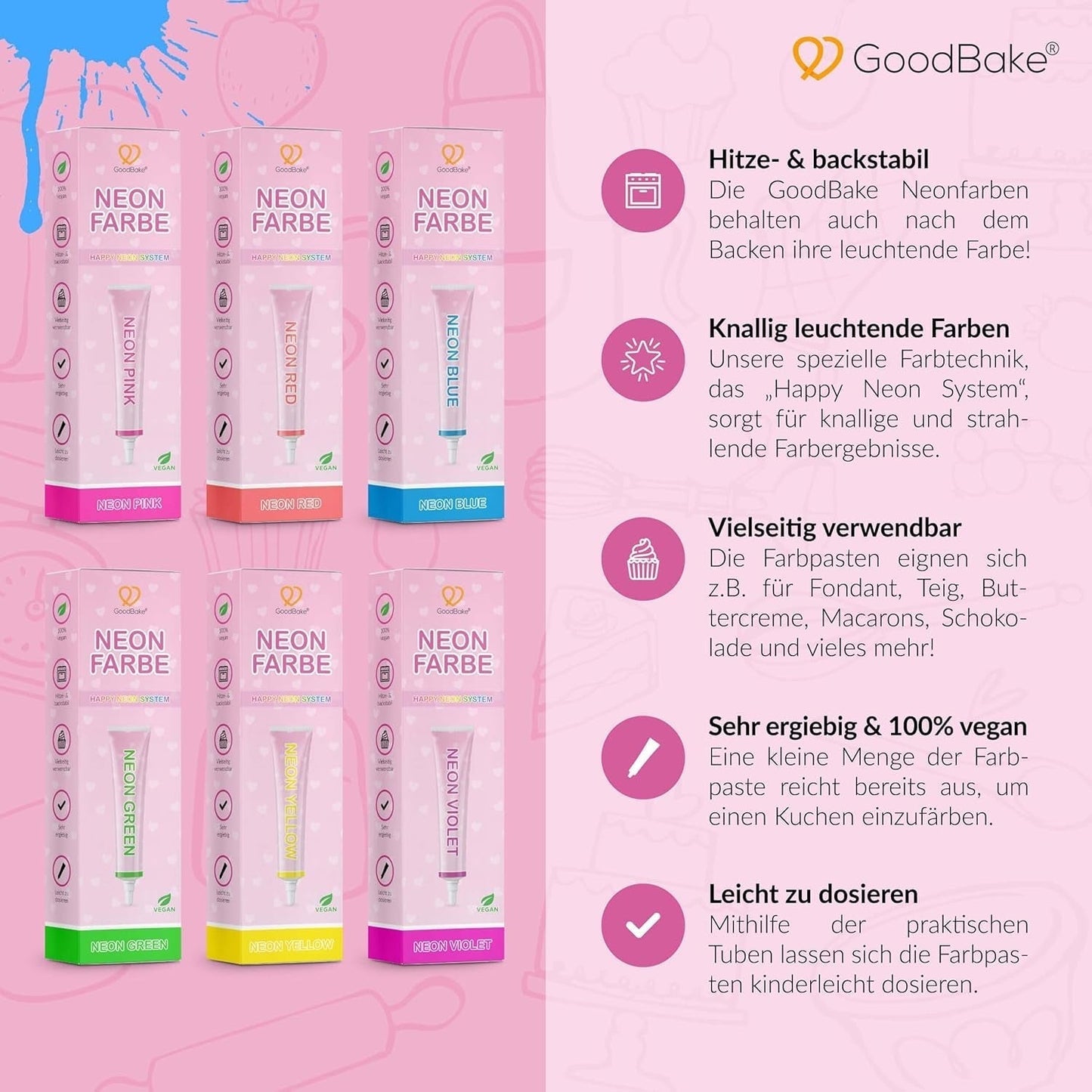 Goodbake Neonlebensmittelfarben 6 Farben Set – Intensywny Lebensmittelfarbe – Lebensmittelfarbpaste – Zum Einfärben Von Torten, Fondant, Buttercreme Uvm. – 100% wegański sklep Naty