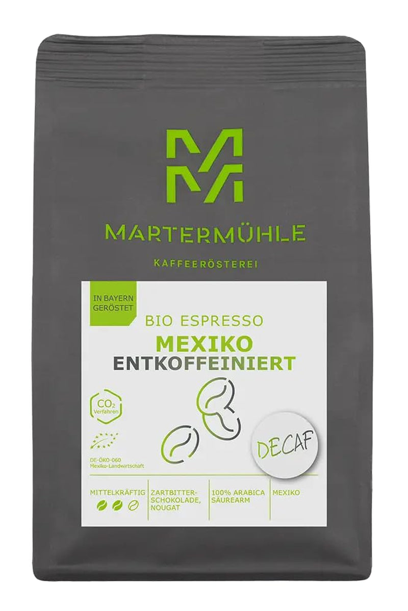 Martermühle Mexiko Bio Espressobohnen entkoffeiniert 1kg mittelkräftig I Arabica I Smak: Nugat, Zartbitterschokolade I Ganze Bio Espresso-Bohnen schonend geröstet, säurearm