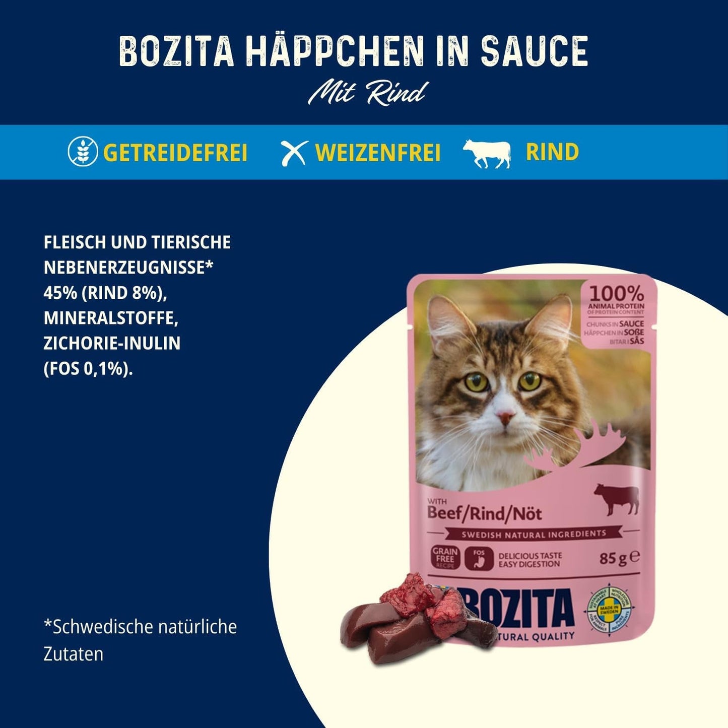 Bozita Pouch Mokra karma w sosie wołowym - 12 saszetek x 85g Mokra karma dla kotów bez zbóż i pszenicy - Mokra karma dla dorosłych kotów z 8,5% białka i 4,5% tłuszczu
