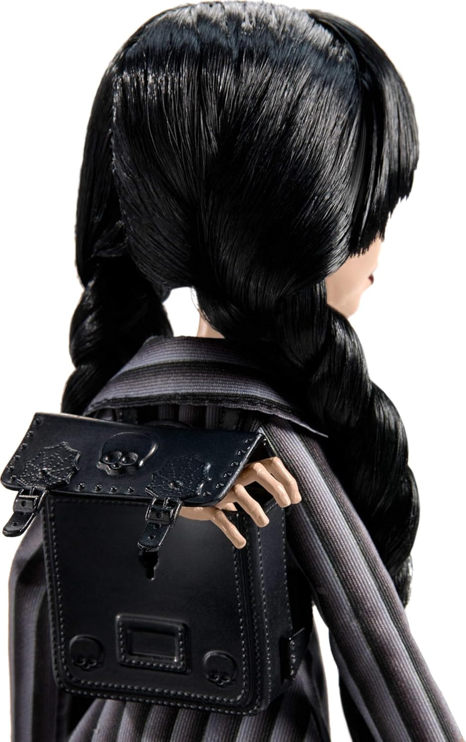 Monster High Wednesday Puppe und Accessoires, Wednesday Addams Sammelfigur in Nevermore Academy Uniform z Eiskaltem Händchen i Rucksack, Puppenständer, HXJ04