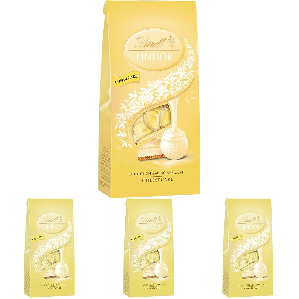 Kulki czekoladowe Lindt LINDOR | Worek 137g | Czekolada mleczna z nadzieniem sernikowym rozpływającym się w ustach | Prezent czekoladowy | Prezent czekoladowy | LINDOR 75 lat (4 sztuki w zestawie)