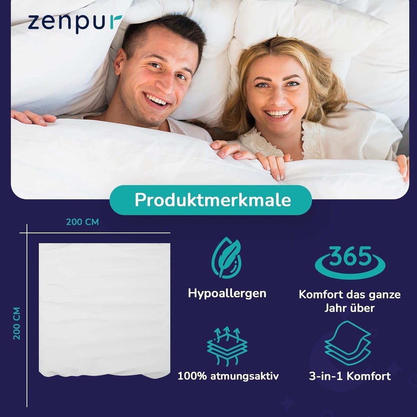 Kołdra Premium 200X200Cm 4 pory roku, kołdra na wszystkie pory roku 200X200 - ciepła zimą i chłodna latem, 2 poszwy na kołdry 200X200, które można ze sobą łączyć. Kołdry i kołdry Naty Shop