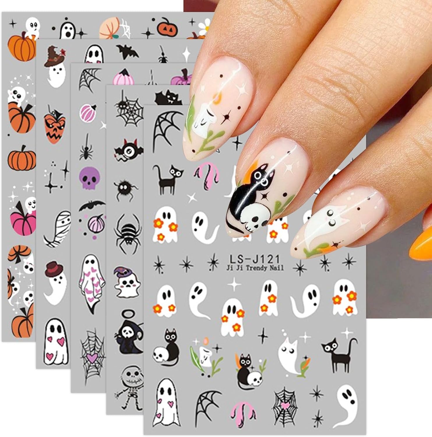 JMEOWIO Nagelsticker Halloween Süßer Geist 9 Blatt Nail Art Naklejka Selbstklebend Nagelaufkleber Dekoration Nageldesign Zubehör