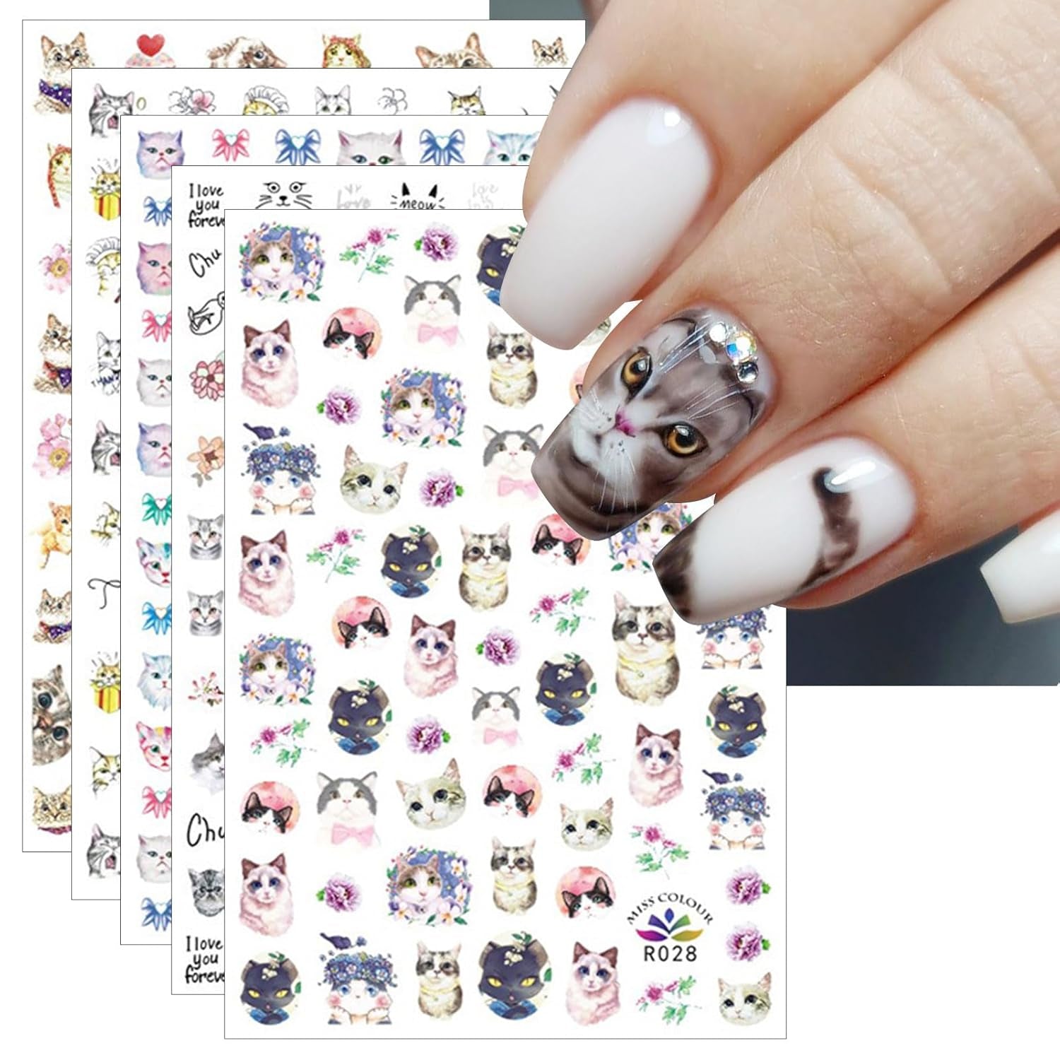 JMEOWIO Nagelsticker Tierische 8 Blatt Nail Art Naklejka Selbstklebend Nagelaufkleber Katze Niedlich Dekoration Nageldesign Zubehör